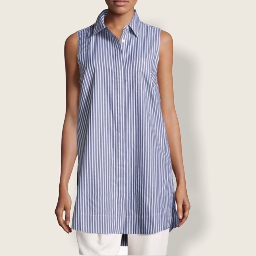Marled by Reunited Clothing Sleeveless Striped Poplin Long Length Button Blouse